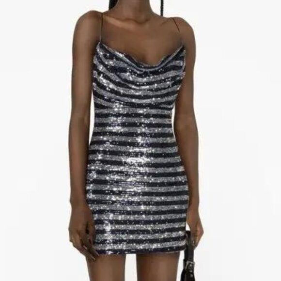 Balmain Sequined Striped Mini Dress | Navy /Silver | NWT | Size EU 42 (US 10-12) - Picture 4 of 7